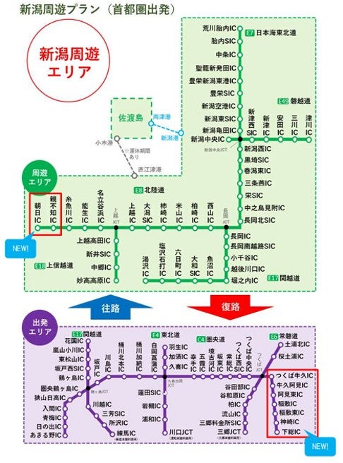 首都圏出発型新潟観光ドライブパスの対象エリア図（出発エリア＋新潟周遊エリア）