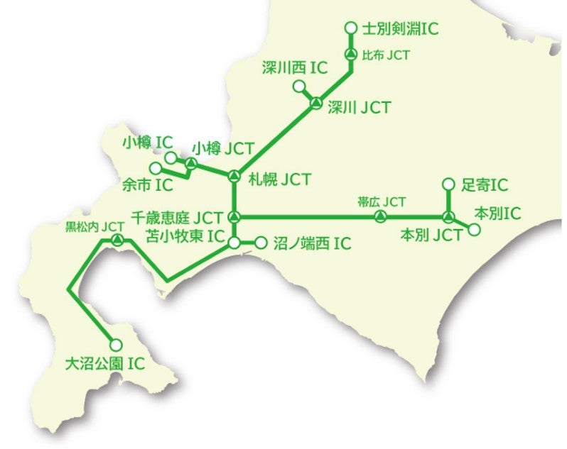 北海道の高速道路の地図。道トクふりーぱすの対象エリア、IC、JCT