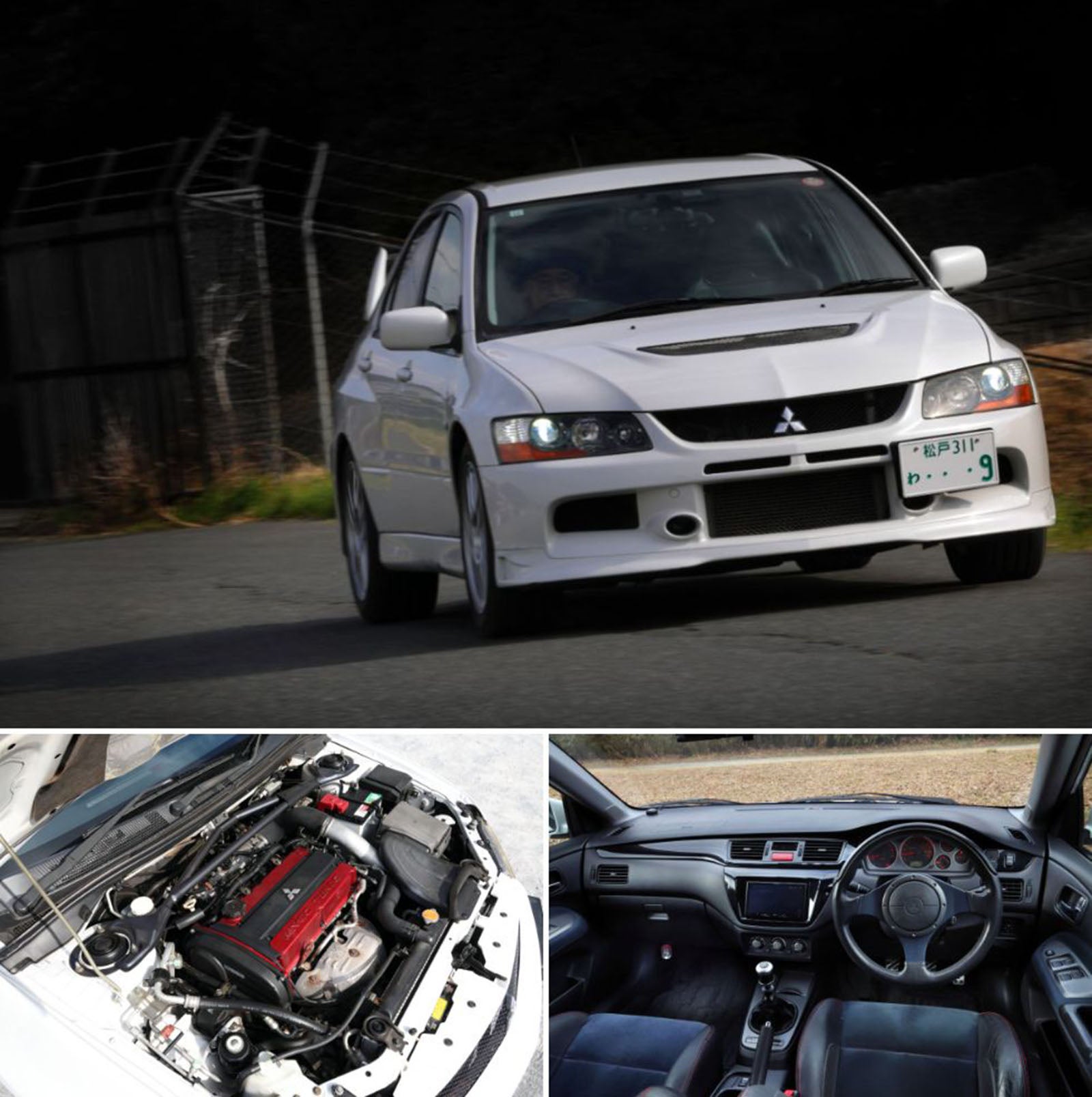 走行中の三菱ランサー・エボリューションⅨ MRのフロントビュー/名機・４G63型エンジン/インパネ