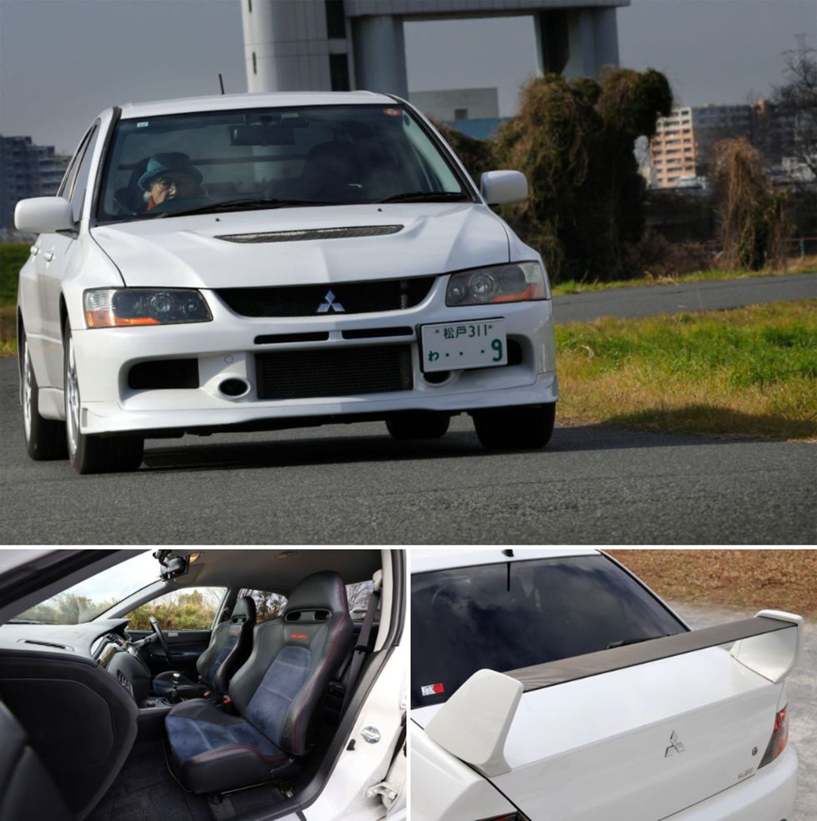 カーブを走行するランエボⅨと、フロントシート内装およびリアスポイラー