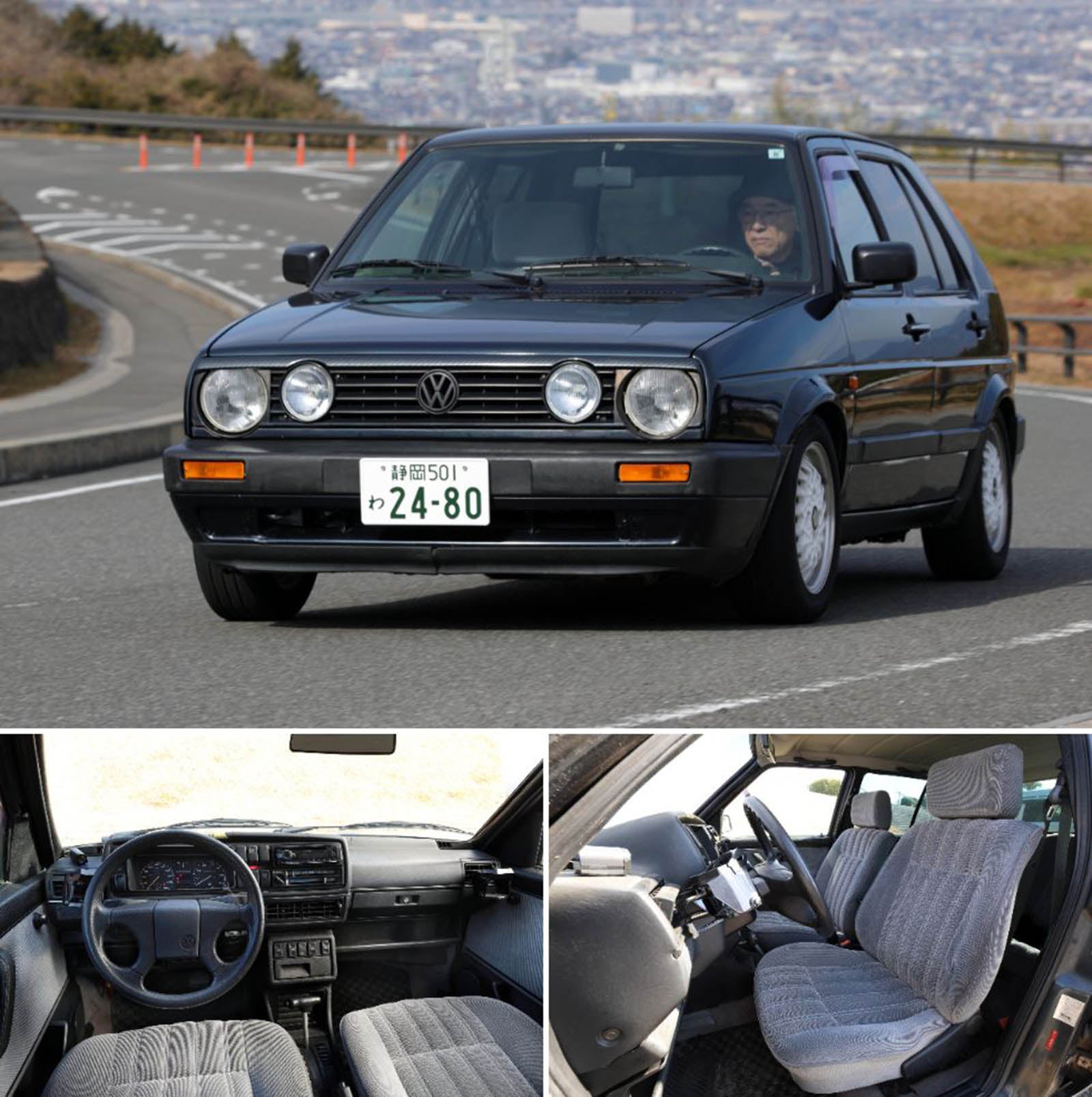 走行中のVW・ゴルフⅡの旧車レンタカーのフロントビュー/インパネまわり/フロントシート