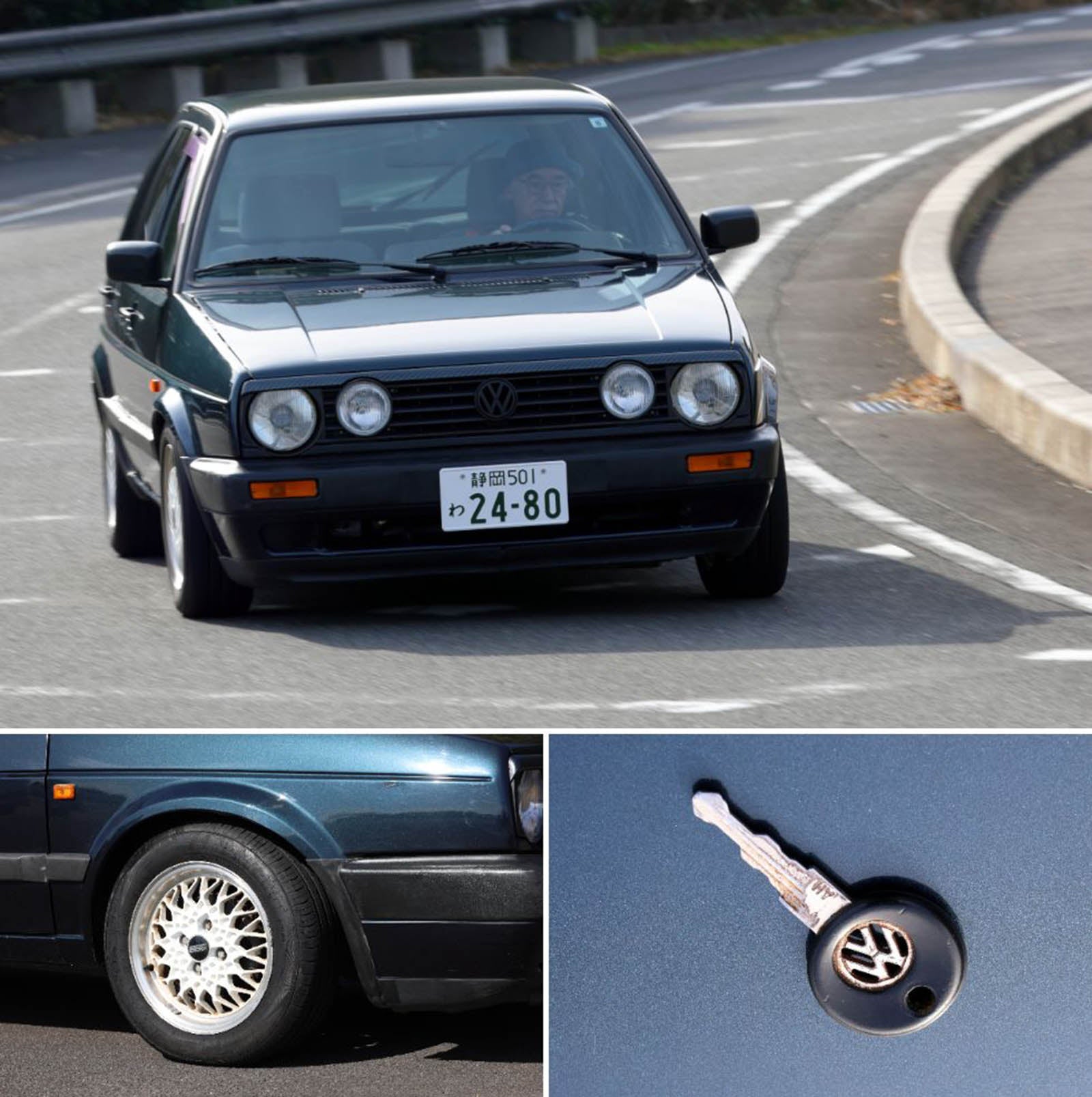 走行中のVW・ゴルフⅡの旧車レンタカーのフロントビュー/BBSホイール/エンジンキー