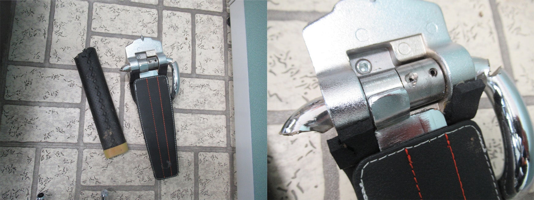 電動工具により切断されたハンドルロックの被害例。物理ロック単体では突破されるリスクがあることを示す。