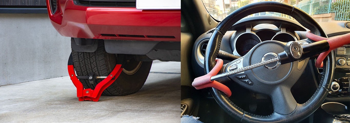 ハンドルロックとタイヤロックを装着した車。物理的な防犯対策を複数組み合わせることで窃盗犯に手間を感じさせる。