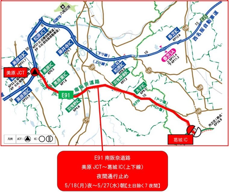 南阪奈道路の位置図。美原JCTから葛城ICまでの上下線が赤線で示されており、夜間通行止め区間を表している