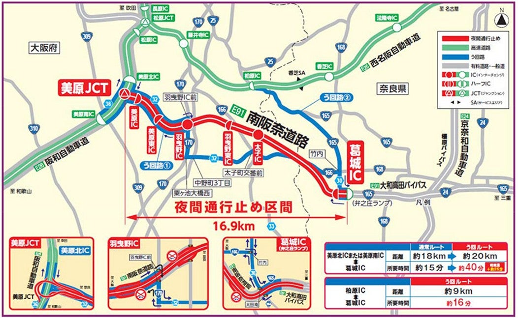 南阪奈道路の夜間通行止め区間とう回路図。