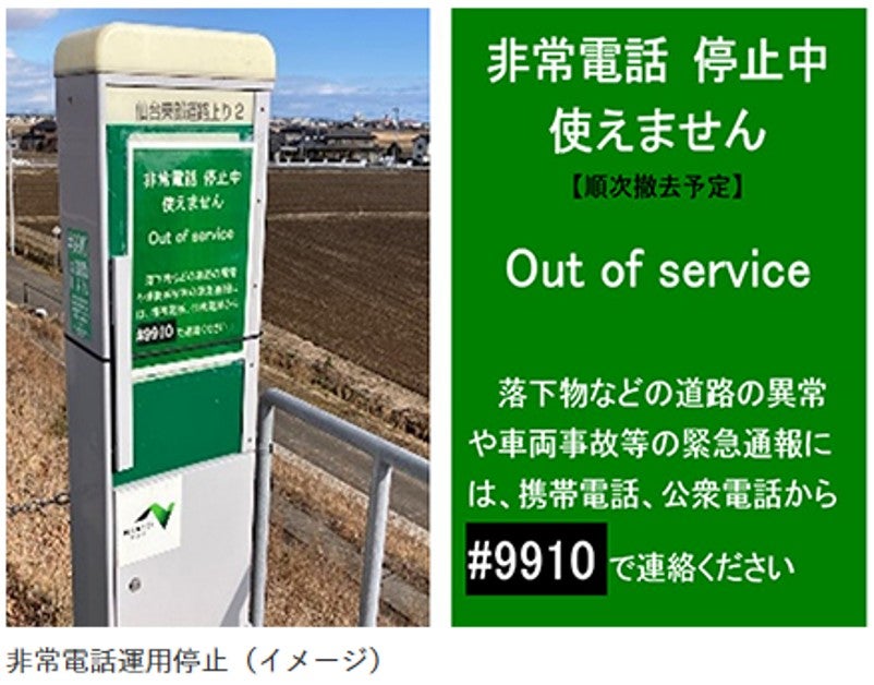 「非常電話 停止中 使えません」と表示された非常電話ボックス