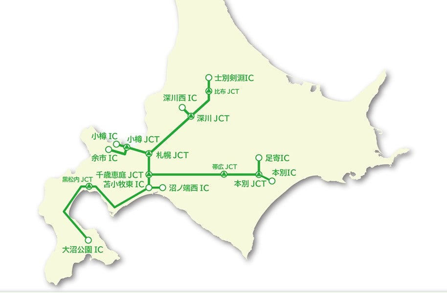 北海道内の高速道路対象エリアMAP。士別剣淵ICから大沼公園ICまでの道央道、余市ICから小樽JCTの後志道、千歳恵庭JCTから足寄IC・本別ICまでの道東道などが対象区間として示されている