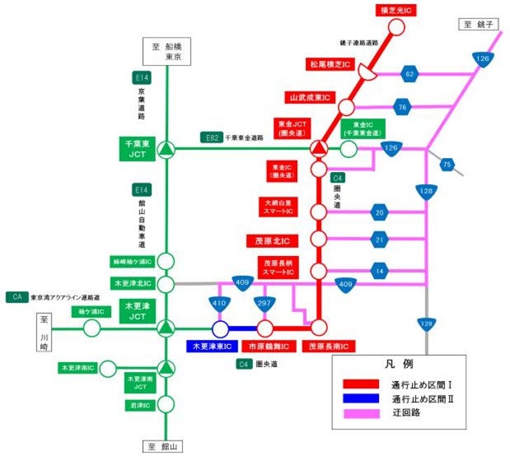  圏央道千葉区間の通行止めに伴うう回路案内図。赤が通行止め区間Ⅰ（松尾横芝IC～市原鶴舞IC）、青が区間Ⅱ（木更津東IC～市原鶴舞IC）、ピンクがう回路を示しており、千葉東金道路・京葉道路・館山自動車道・国道126号・409号・410号を経由するルートが図示されている