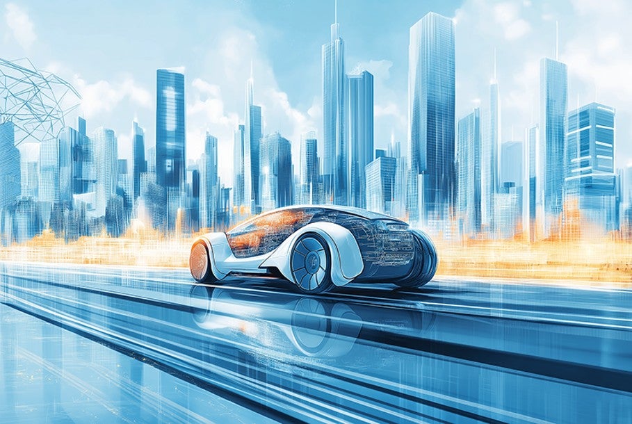 未来的な都市を高速で走る透明感のある自動車のイラスト。青と白を基調とした近未来的なデジタルアート