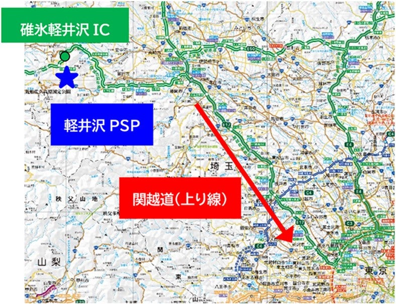  軽井沢PSPと碓氷軽井沢ICの位置、および関越道上り線の方向を示した地図