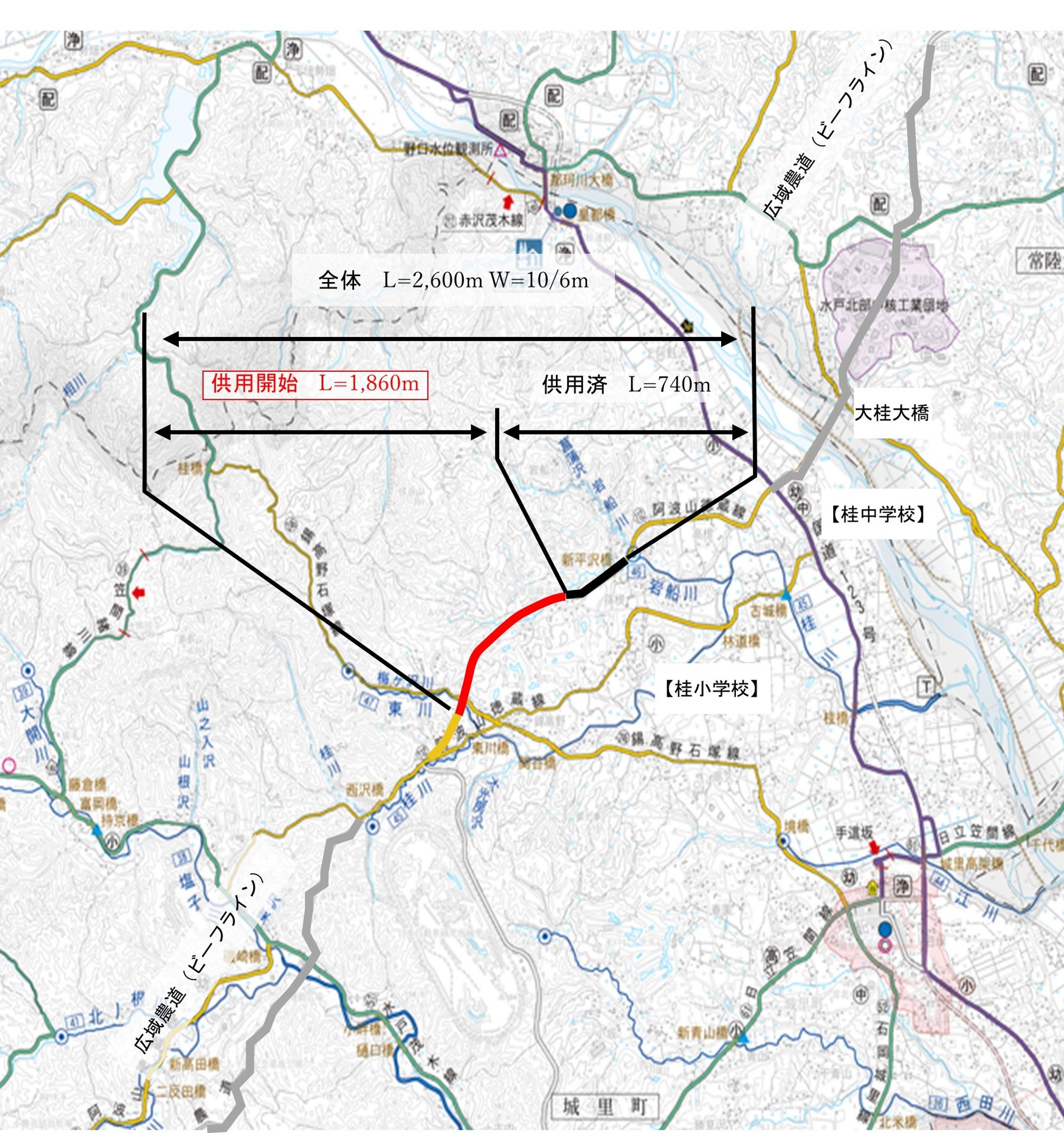 阿波山徳蔵線バイパスの位置を示す地図。今回開通した約1.9km区間と既供用区間、大桂大橋周辺との位置関係を示している