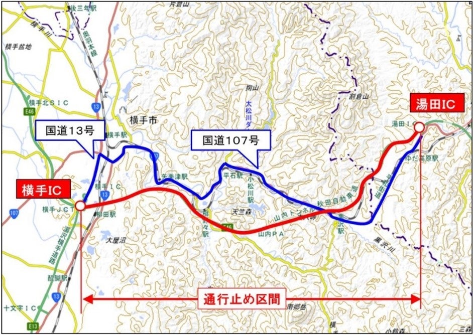秋田道の湯田IC～横手IC通行止め区間と、国道107号・国道13号を利用する迂回ルートを示した地図。横手北スマートICや周辺ICの位置も確認できる