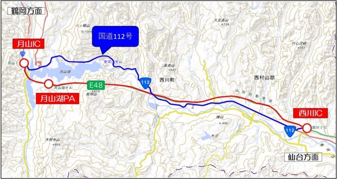 山形自動車道の西川ICと月山IC間の通行止め区間（赤）と国道112号経由の迂回ルート（青）を示した地図
