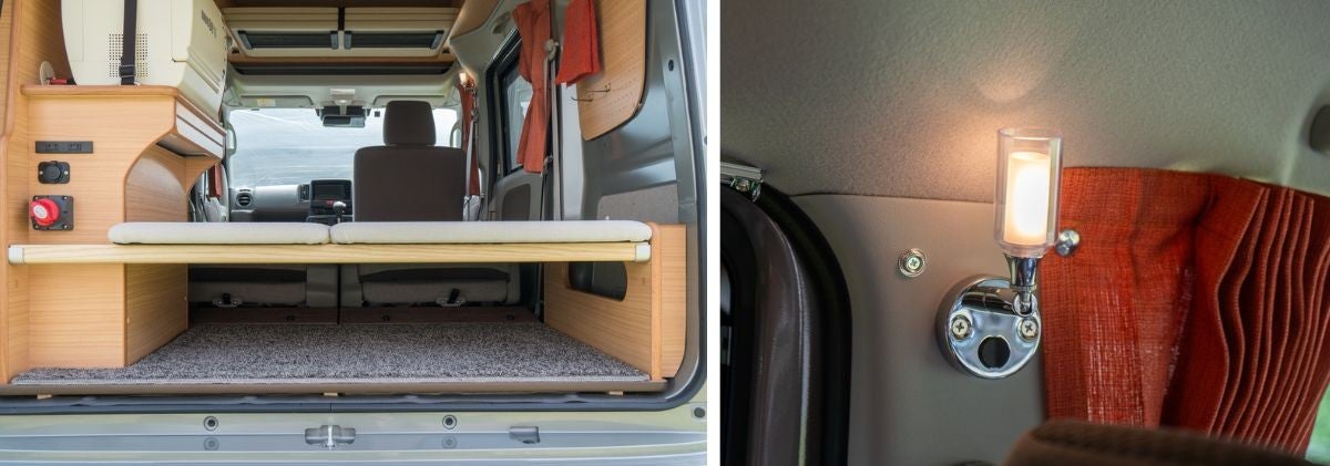 軽キャンパーのベッド下スペースと車内照明