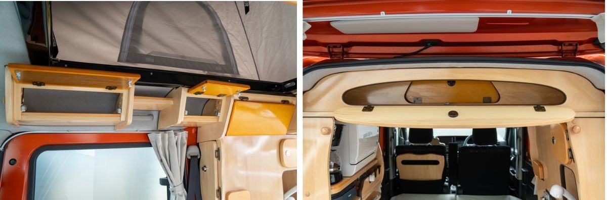 軽キャンピングカーの車内収納庫写真2枚