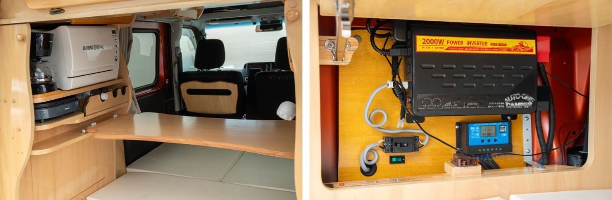 軽キャンピングカー車内をラゲッジから撮影した写真と電装系のアップ