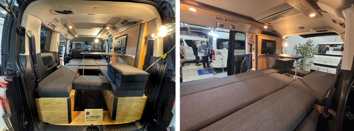 中央通路と両側ベンチシートを備えたバンコンの車内レイアウトとフルフラット展開の2枚写真