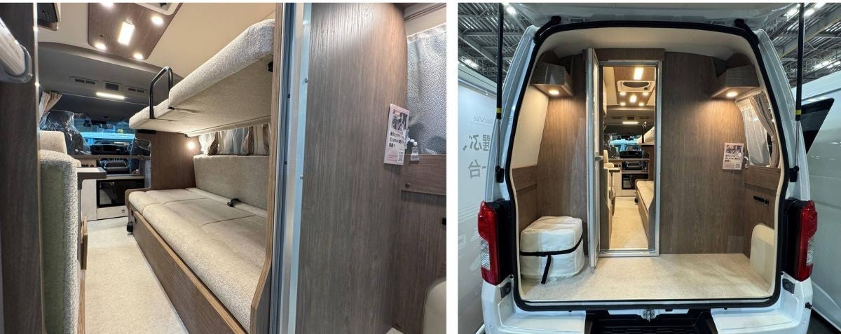 2段ベッド仕様とリア側にポータブルトイレを設置したバンコン車内の2枚写真