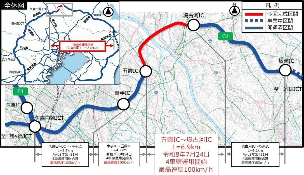 圏央道の久喜白岡JCTから坂東ICまでの路線図。五霞IC～境古河IC間6.9kmが2026年7月24日に4車線化される区間として赤色で示されている