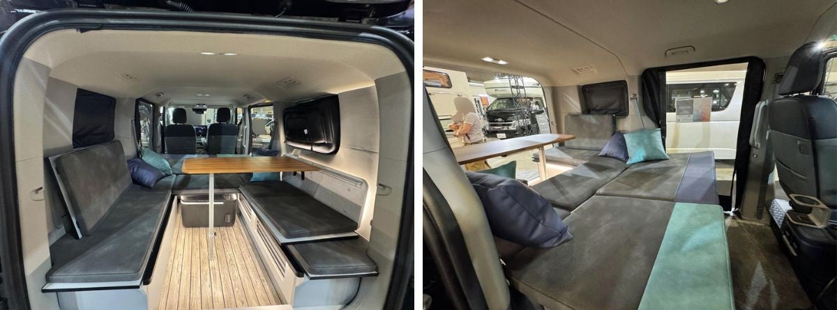 対面ダイネットとテーブルが設置された車内レイアウト写真とベッドスペース写真