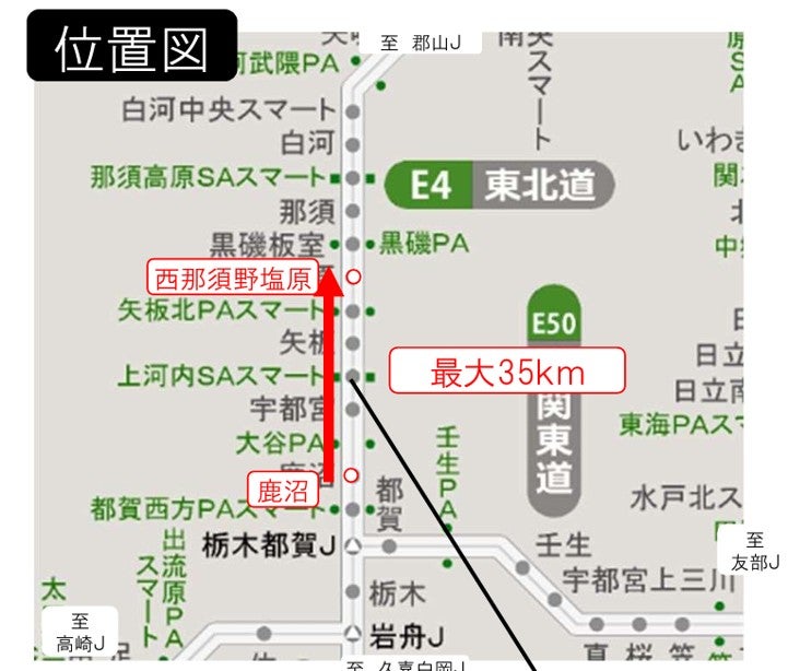 8月13日に東北道下りの矢板北PA付近を先頭とする最大35kmの渋滞予測区間