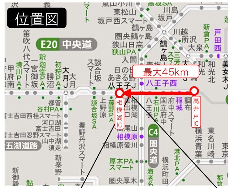 中央道下りの相模湖IC付近を先頭とする最大45kmの渋滞予測区間を示した位置図 