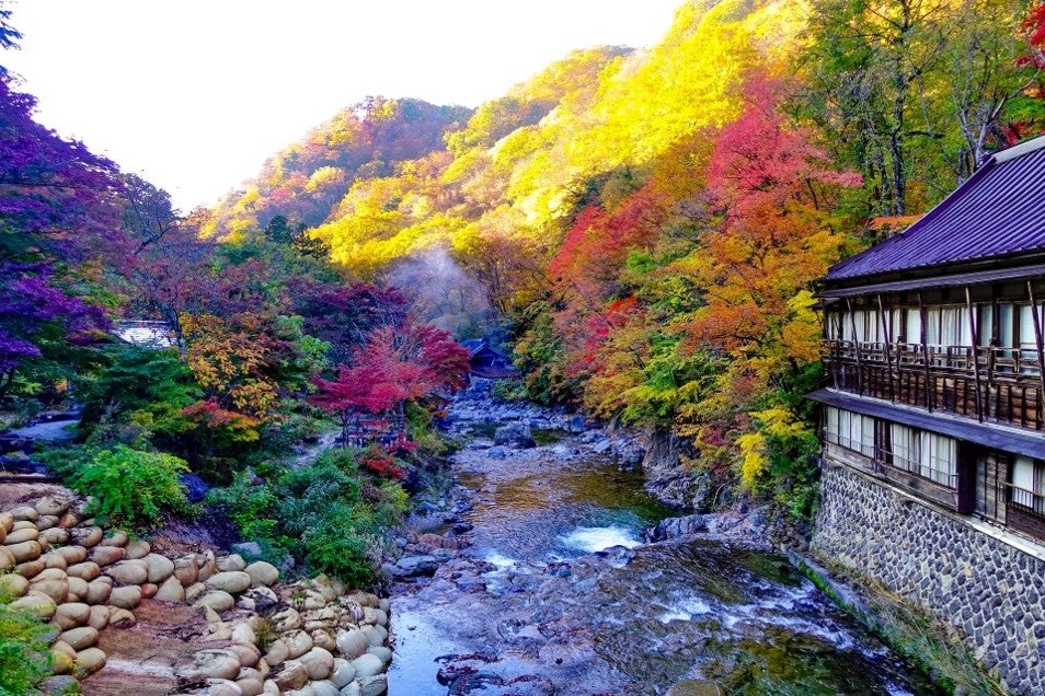 紅葉に彩られた群馬県みなかみ町の宝川温泉 