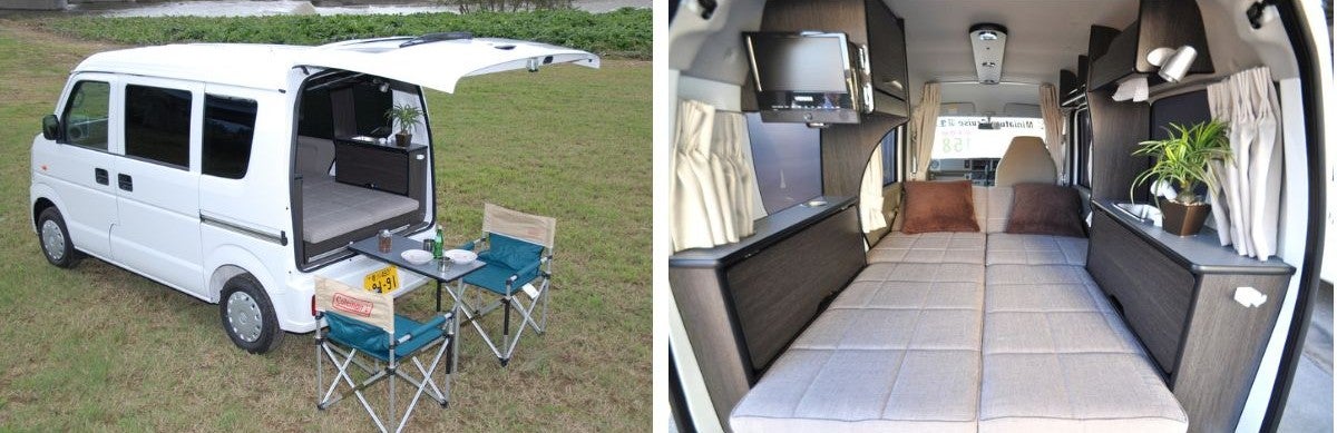 バックドアを開けタープとテーブル＆チェアを展開した軽バンコン写真とシックな軽バンコンのフルフラットベッド展開写真