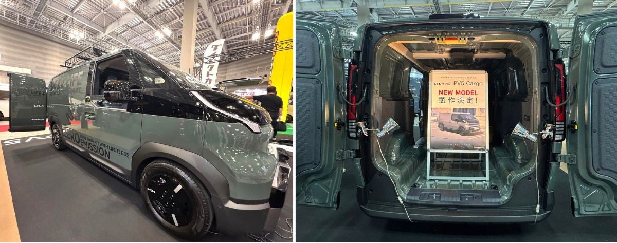 オリーブグリーンのEVキャンピングカー外観写真とリアゲートを開放した広い荷室・カーゴスペース展示