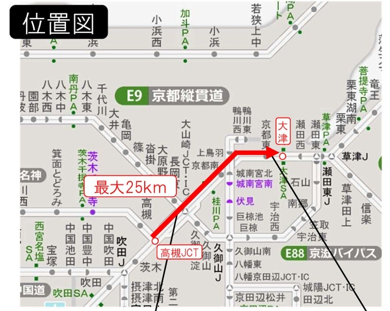 名神高速道路上り線の大津IC付近を先頭とする最大25kmの渋滞予測位置図。