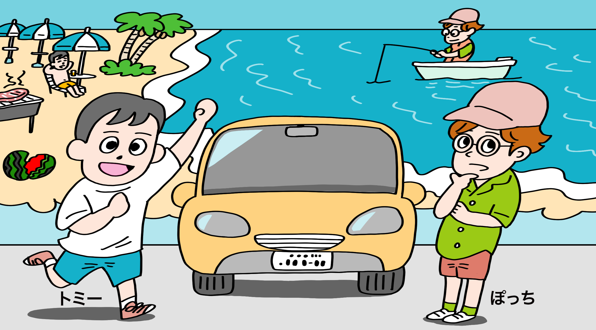 海でさまざまなアクティビティを想像するお調子者「トミー」と、おだやかに釣りを楽しみたい自由人「ぽっち」の立ち絵