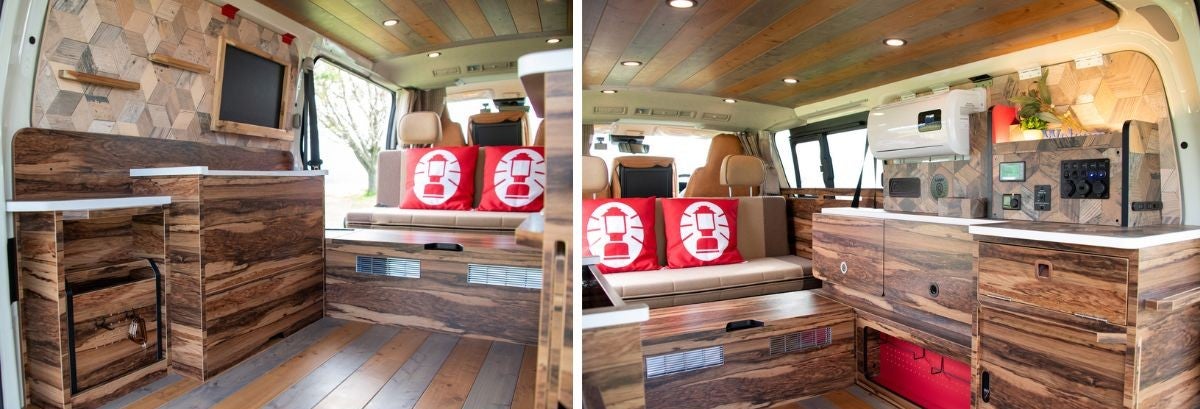 LAMP&の右側キャビネットとコールマン製ギアが収まる収納スペース。ウッド調で統一されたLAMP&の車内インテリアと左側キャビネット