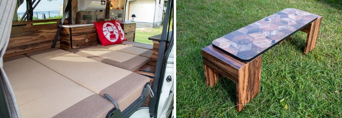 フルフラットにベッド展開したLAMP&の車内就寝スペース。車内外でシームレスに使えるコールマンコラボの木製テーブル