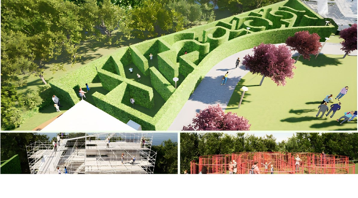 植栽迷路、工事現場迷路、アート迷路からなる「ハマナコメイズ」の完成イメージ