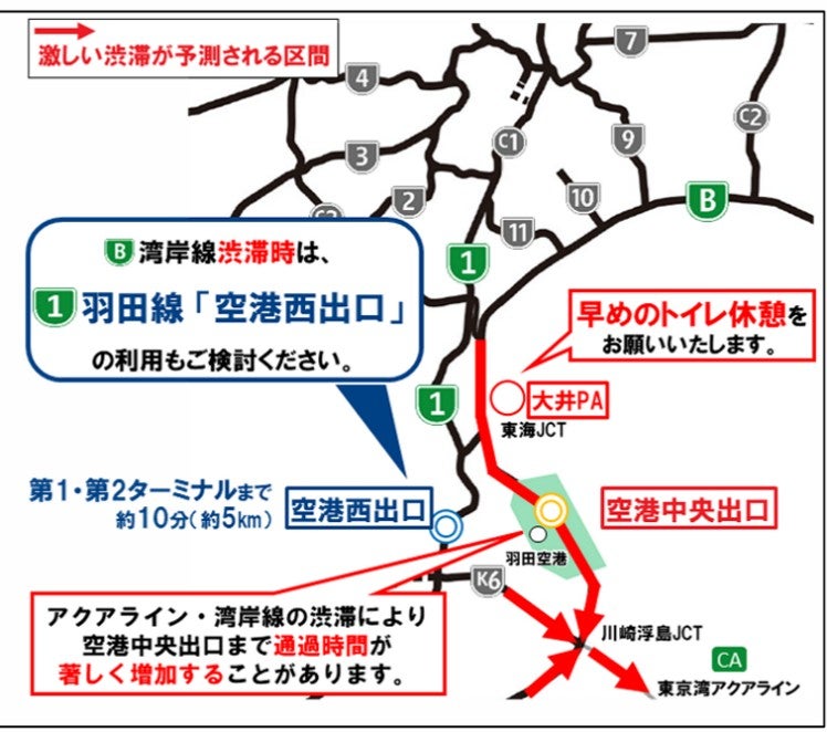 東京湾アクアライン方面へ向かう湾岸線の渋滞予測