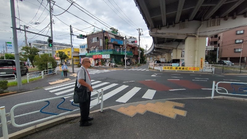 瑞江駅西通り高速下交差点を観察する菰田氏