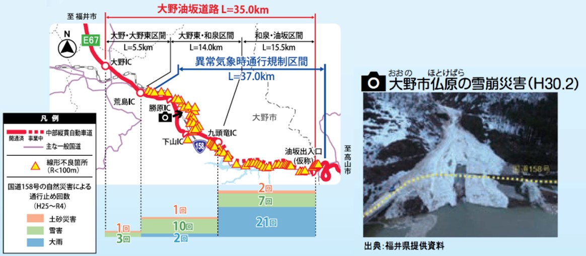 福井県大野市仏原地区の国道158号付近で発生した雪崩