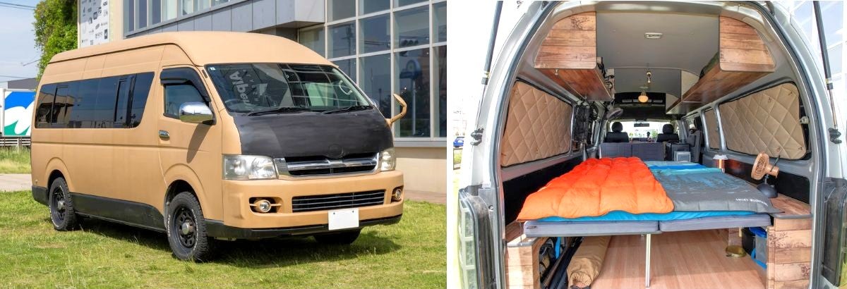 カスタムしたハイエースの外観と車内の車中泊仕様