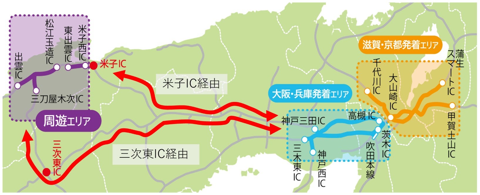 山陰まんなか出雲路ドライブパスの対象エリア図。大阪・兵庫と滋賀・京都の発着エリアから、米子ICまたは三次東ICを経由して島根県東部の周遊エリアへ向かう往復ルートが描かれている