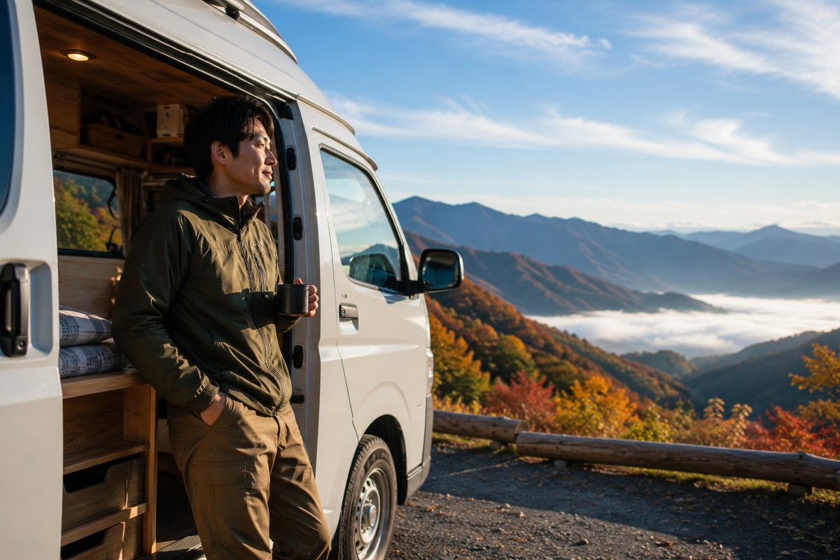 絶景の山並みをバックにした車中泊・バンライフシーン   