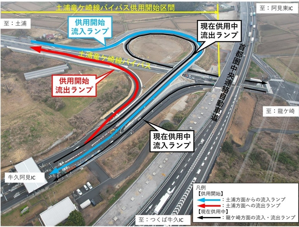 圏央道牛久阿見ICの航空写真。土浦方面への新設出口が赤、土浦方面からの新設入口が青、龍ケ崎方面の既存の出入口が黒で示されている