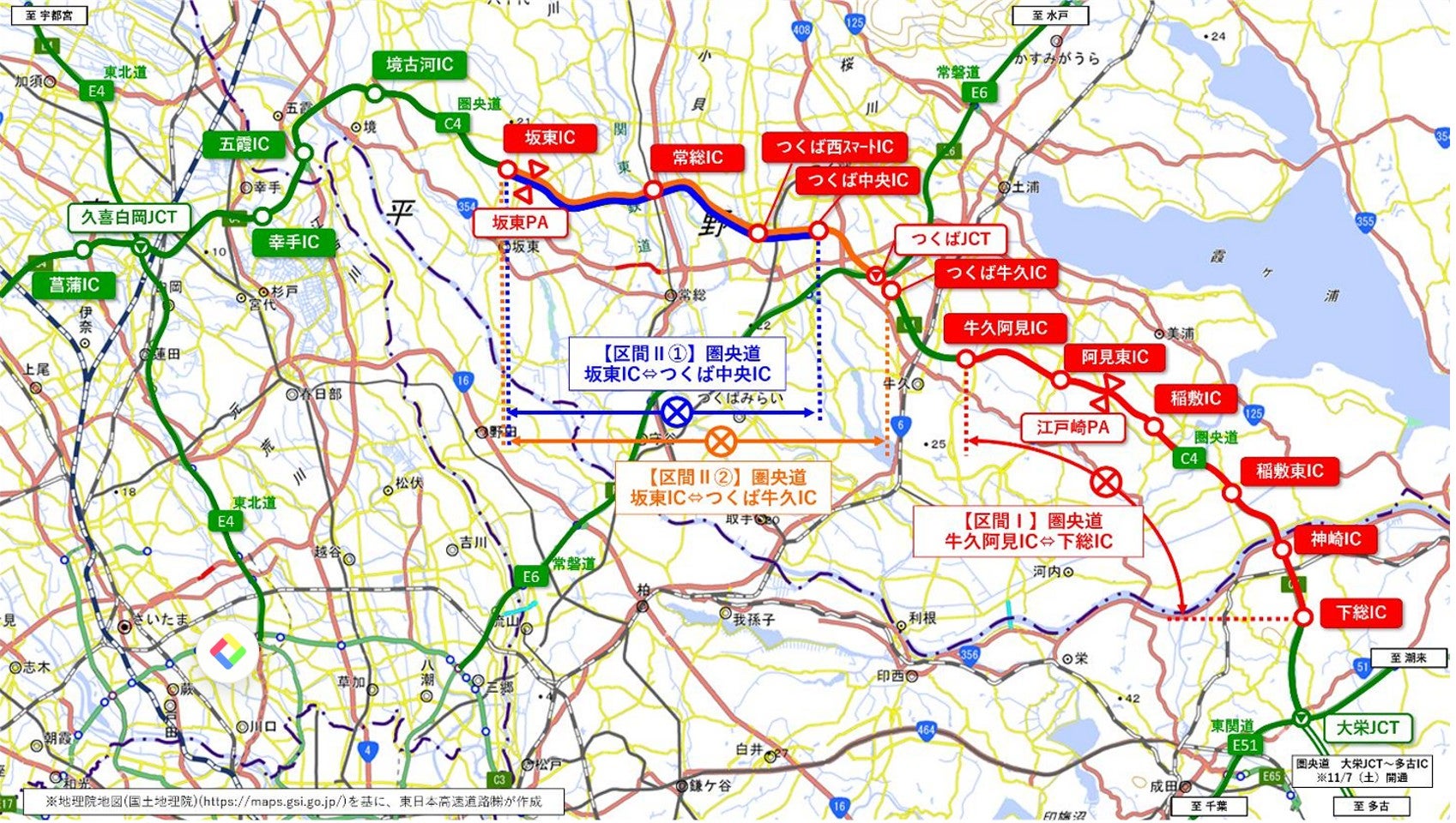 圏央道の坂東IC～下総IC間の夜間通行止め区間を示した地図。牛久阿見IC～下総IC、坂東IC～つくば中央IC、坂東IC～つくば牛久ICの3区間と、江戸崎PA、坂東PAの位置を表示