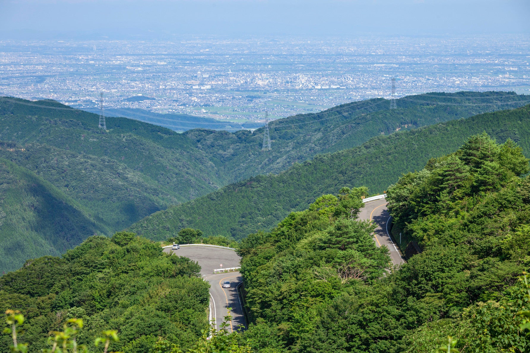 写真2 緑豊かな山肌を曲線を描きながら上る伊吹山ドライブウェイ。遠くには広がる市街地の景色も望める