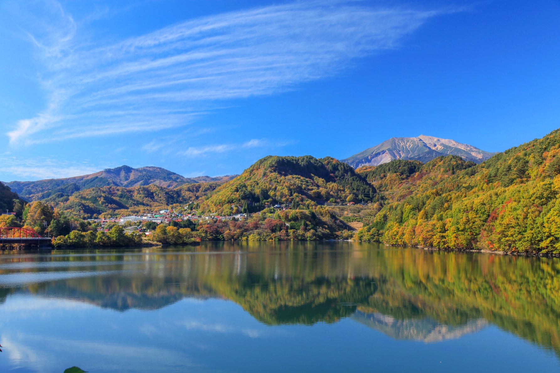 写真2 御岳湖の湖畔からは四季折々の景色を楽しめる