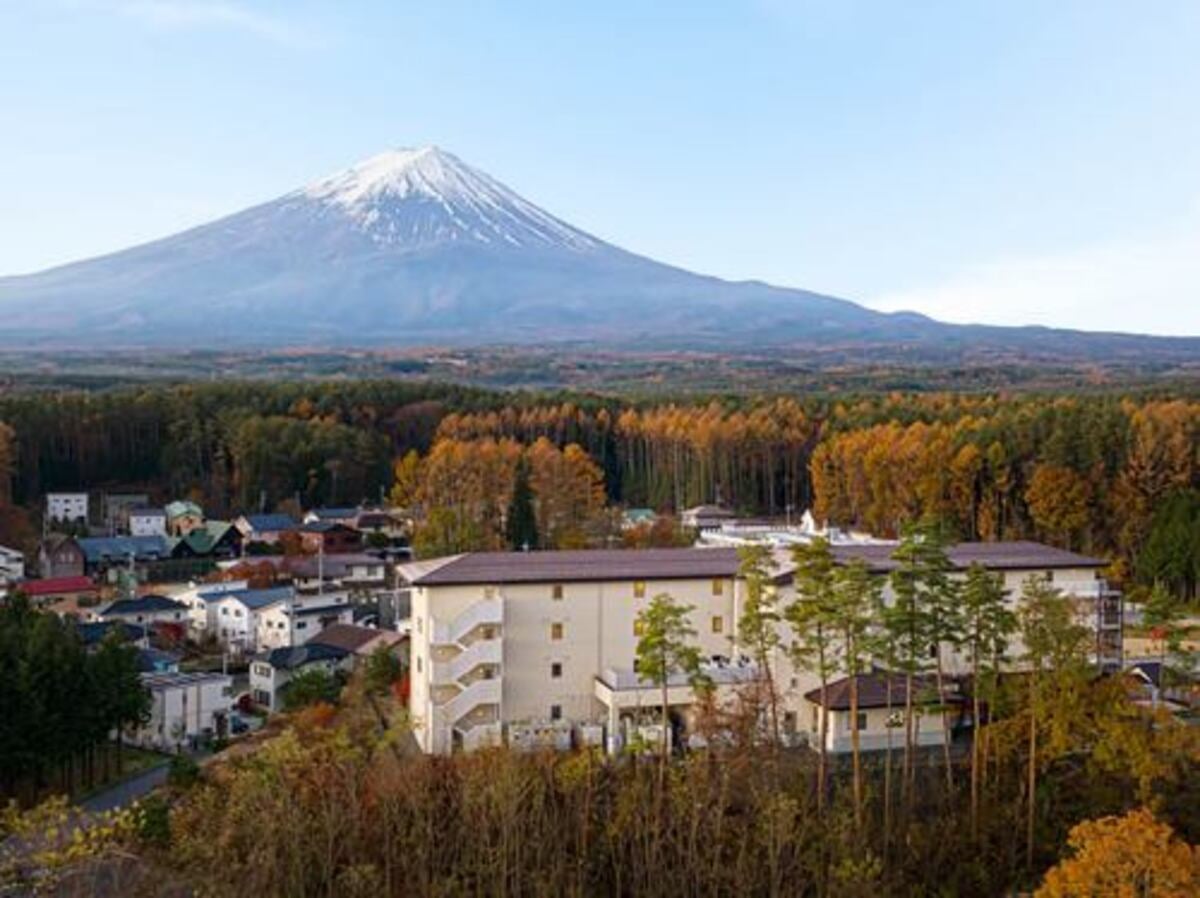 河口湖周辺の市街地とバックに富士山の風景