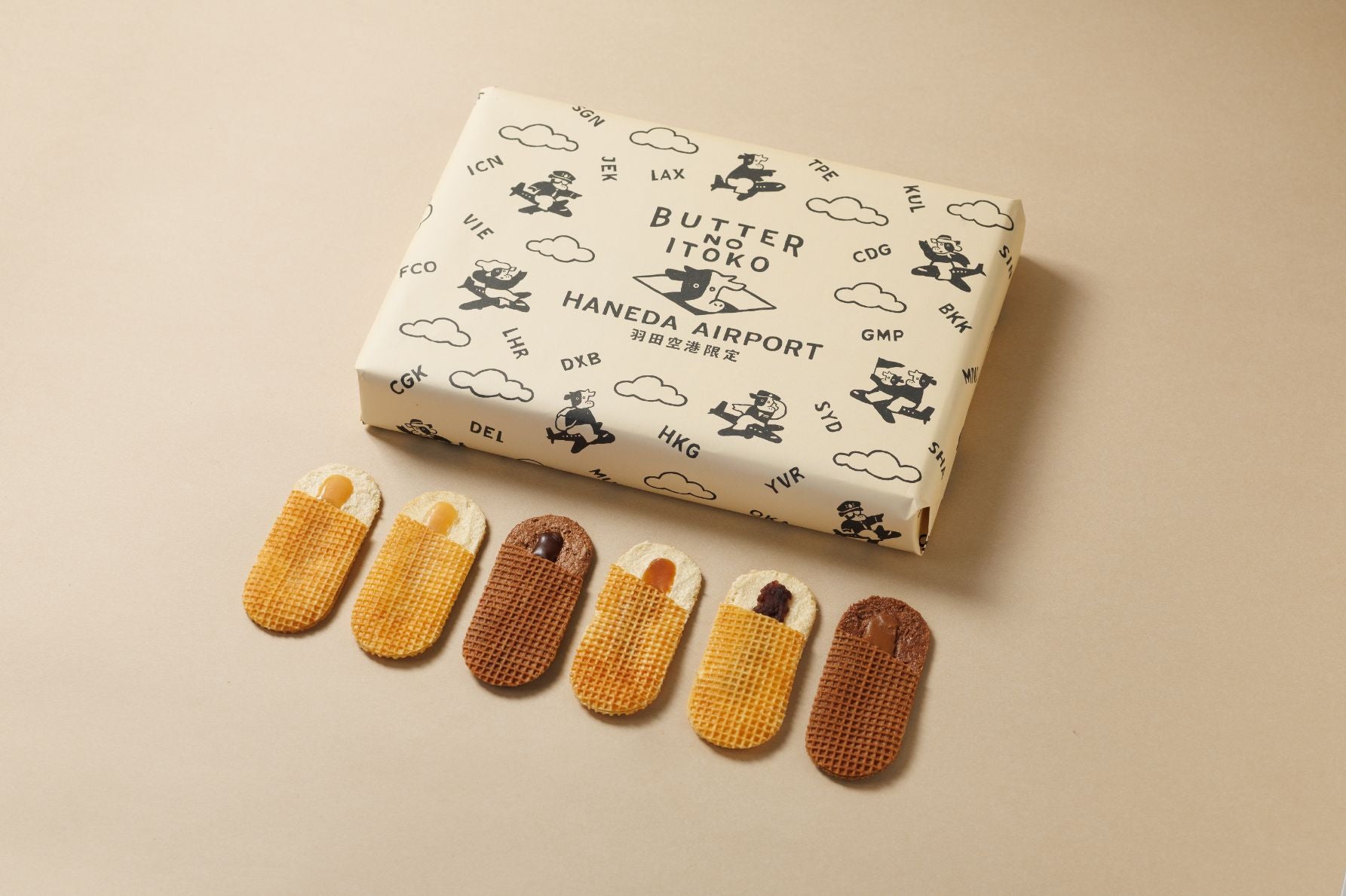 バターのいとこ「バターのいとこ 羽田空港限定 ご当地BOX」全18枚（ミルク×６枚、チョコ×３枚、あんバター×３枚、塩キャラメル×３枚、チョコキャラメル×３枚）5,832円