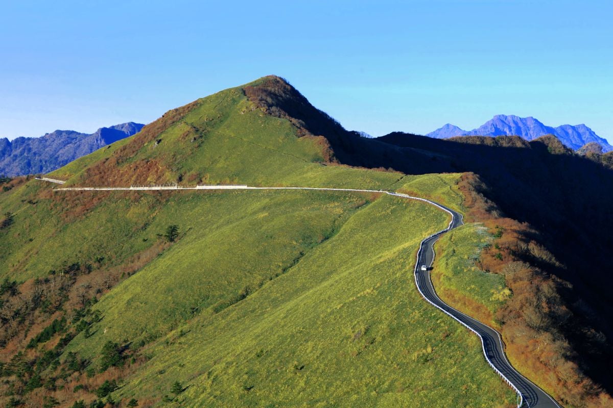瓶ヶ森林道｜緑豊かな山岳地帯を走る絶景ドライブルートと青空の風景