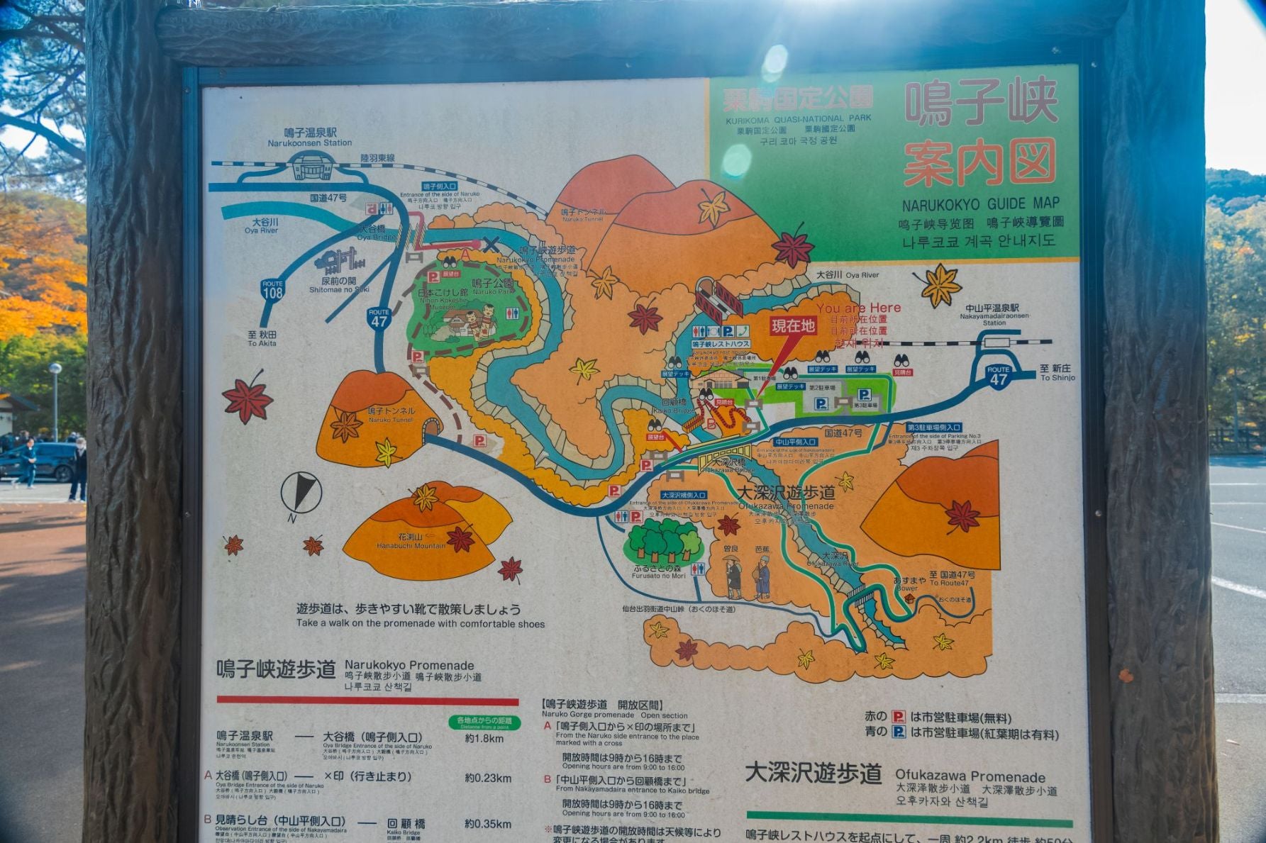 鳴子峡周辺の案内図。見所が多い