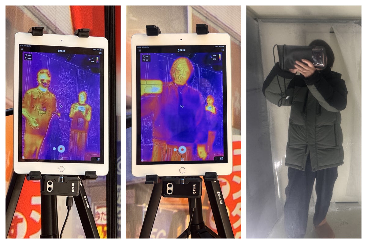 冷凍ルームに立つ女性とその姿を映したサーモグラフィーモニター